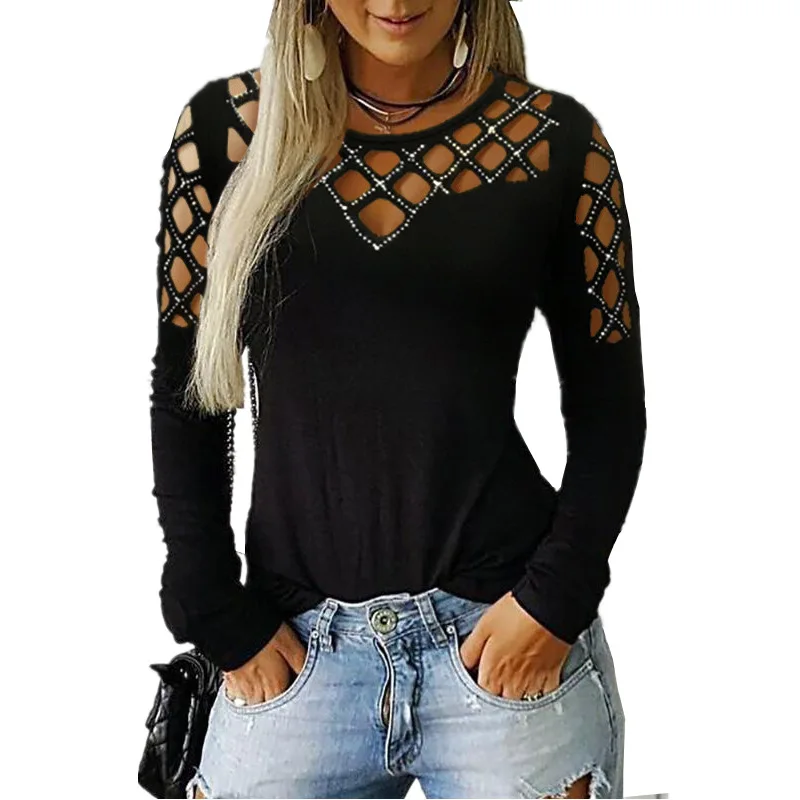 

Hollowed out clothes new fashion western style rhinestone tshirt cotton women's T-shirts