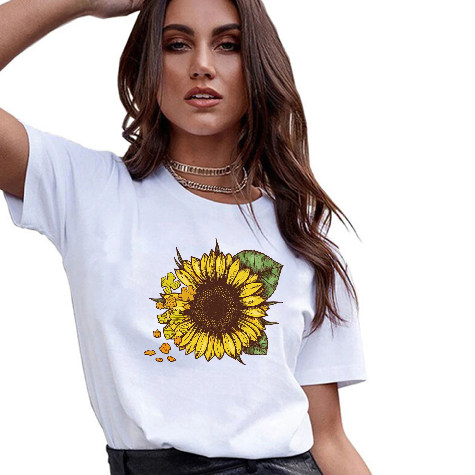 

2020 New Design polyester sunflower print short sleeve women t-shirt