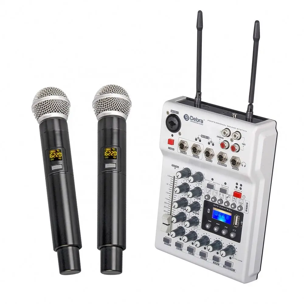 

Professionl Audio UHF dual channel wireless microphone Handheld mic audio mixer set with USB BT 5.0 for PC recording karaoke