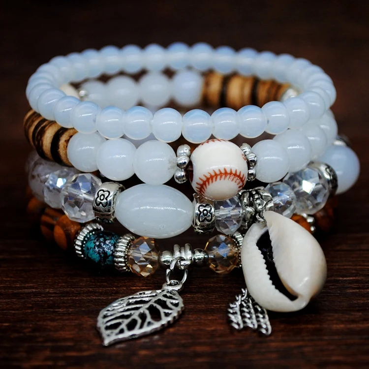

Wholesale Girl Vintage Gift 4pcs/set Shell Leaf Multilayer Boho Colorful Stone Crystal Bead Bohemian Jewelry Bracelet For Women