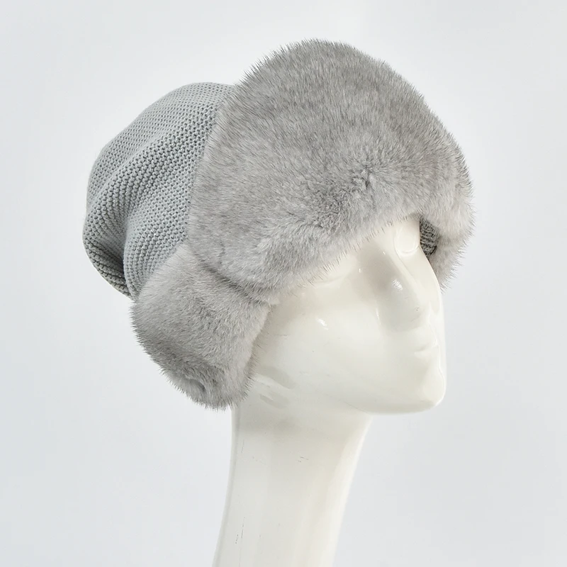 Winter Real Whole Mink Fur Brim Hats for Women Wool Knit Beanie Cold Winter Genuine Mink Ski Hat