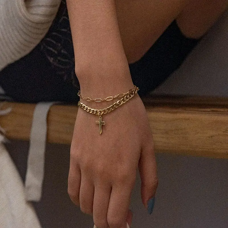 

Vintage Fashion Double Layer Stainless Steel Cuban Chain Cross Bracelet Stainless Steel Gold Plating Cross Bracelet For Women