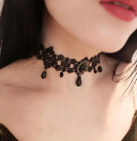 

Custom choker gothic black lace clavicle chain crystal collar long necklace