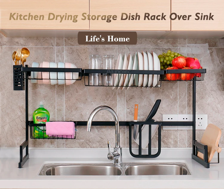85cm Black Kitchen Dishes Storage Stainless Steel Over Sink Plate