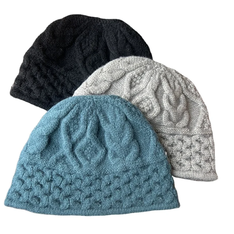 

New Custom Logo Solid Color Pattern Woolen Cable Knit Bulk Knitted Beanie Hat for Women Warm Wide Brim