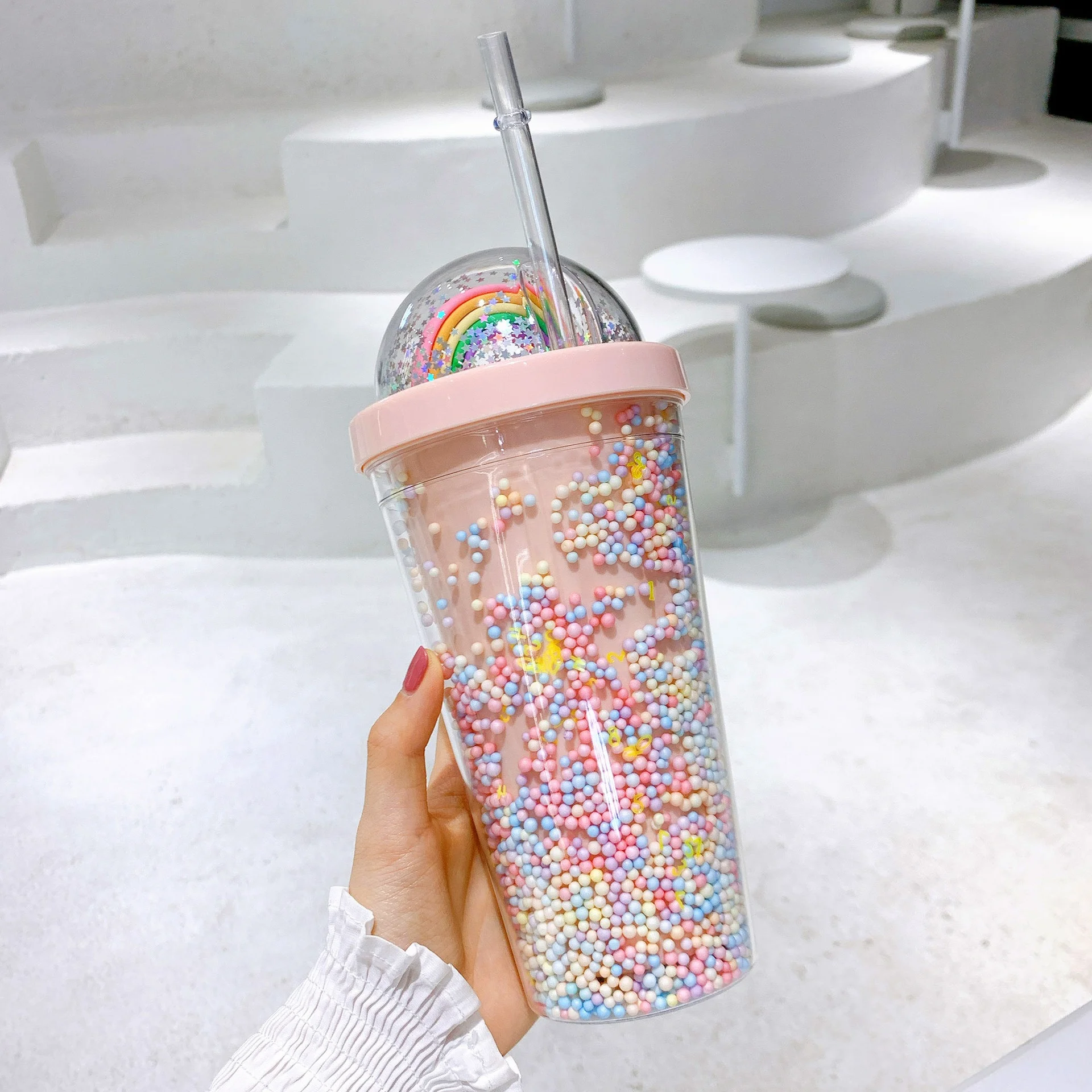

550ml clear bpa free glitter ice cream juice tumbler double wall girls reusable travel plastic milkshake cups with straws, As picture