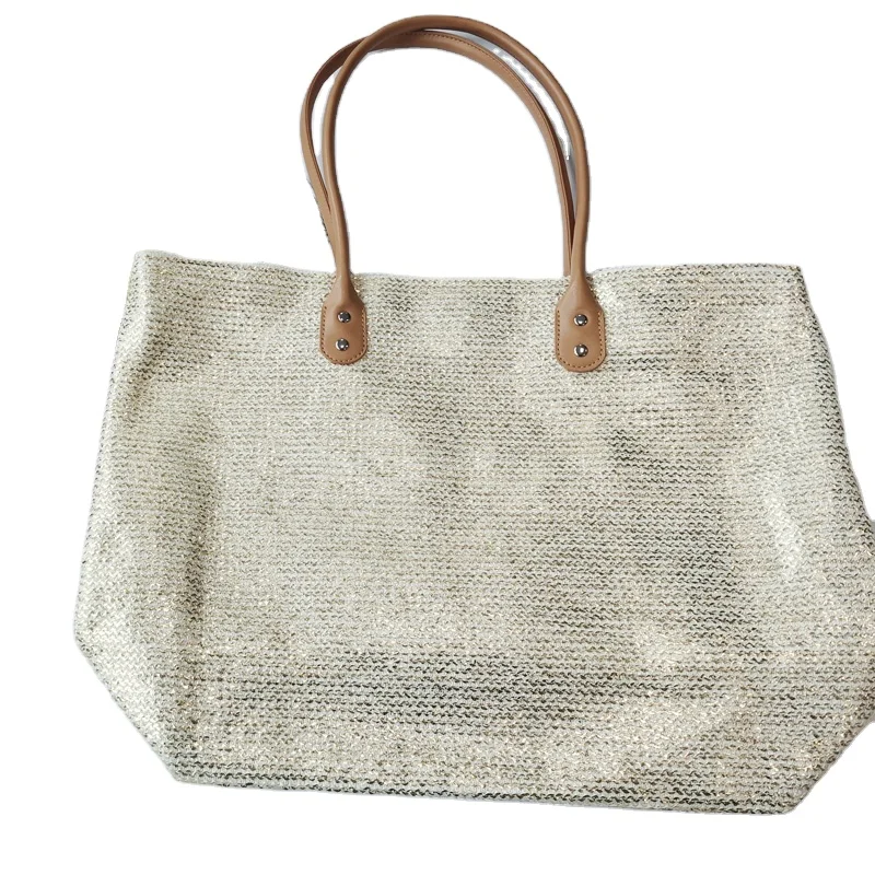 

LADIES STRAW LUREX BEACH BAG WITH GOLD FOIL PRINTING, Cream