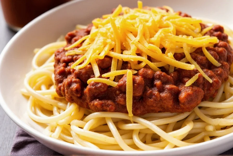 Authentic Cincinnati chili served over spaghetti with shredded cheddar cheese, known as a 3-way
