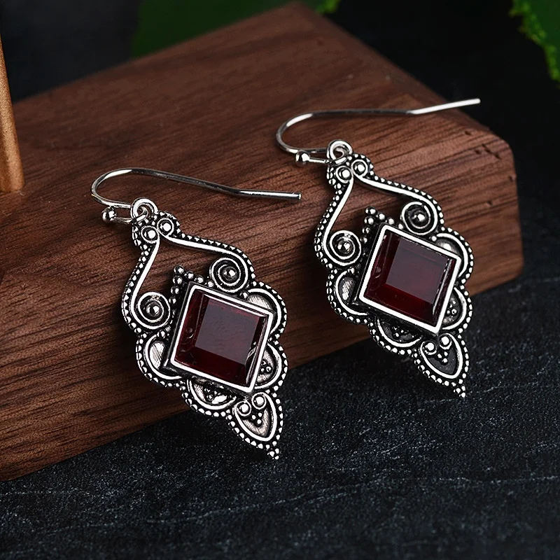 

Square Ruby Vintage Drop Earrings Retro Thai Silver Zircon Long Dangle Earring Women Female Geometric Red Stone Ethnic Jewelry