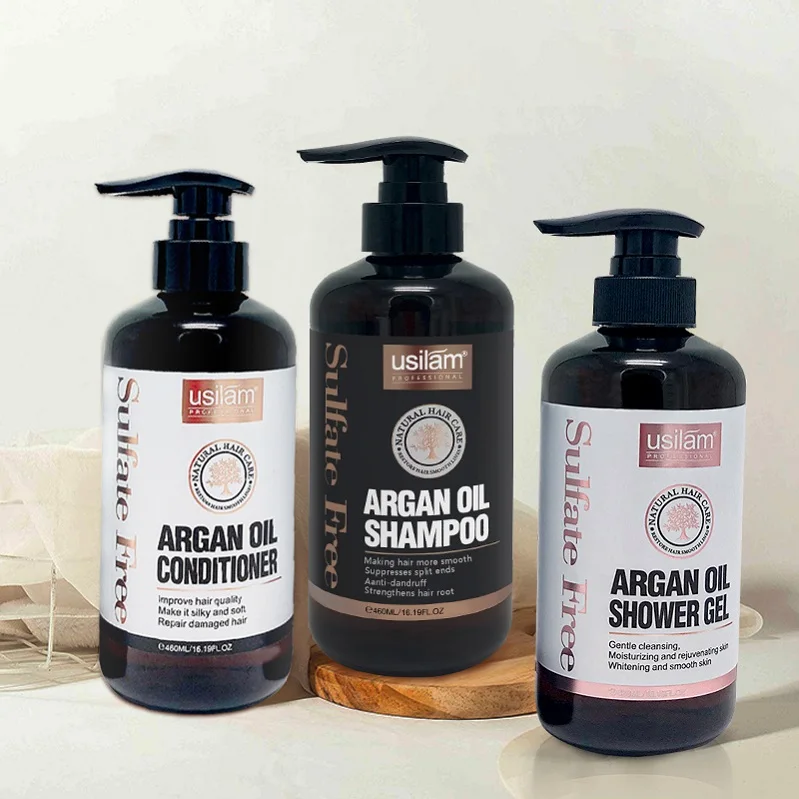 

discount natural organic morocco argan hair oil shampoo and conditioner body shower gel set 3 pieces, Luxury dark yellow