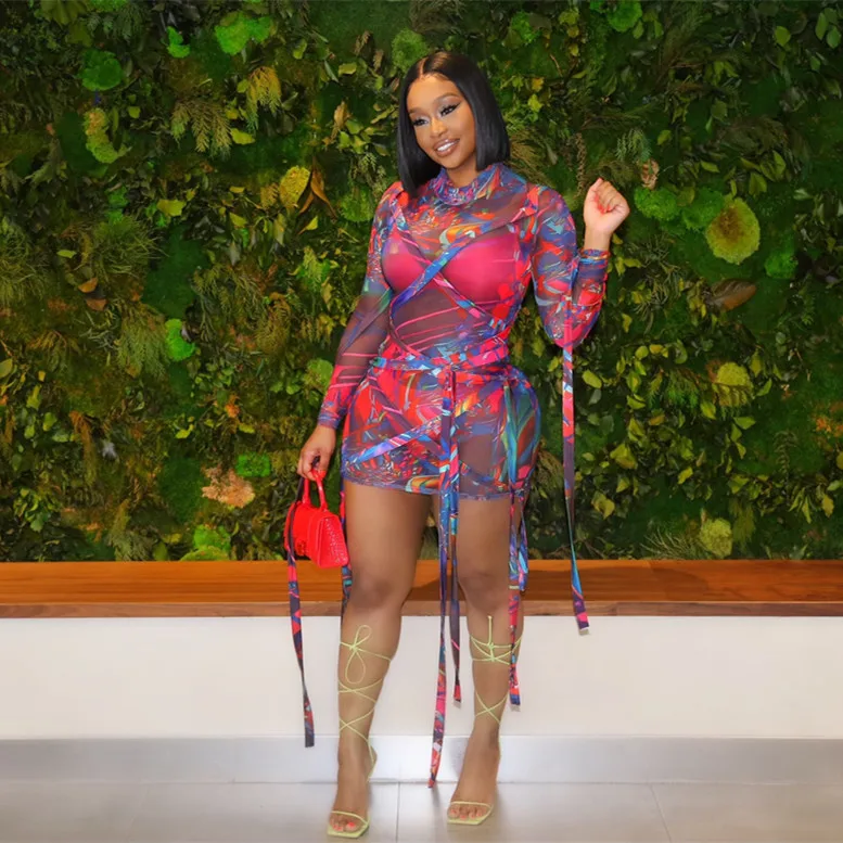 

High Quality Long Sleeve See-through Women's Clothing Hot Sale Explosion Mesh Multi-band Printed Low Moq Sustainable, Picture color