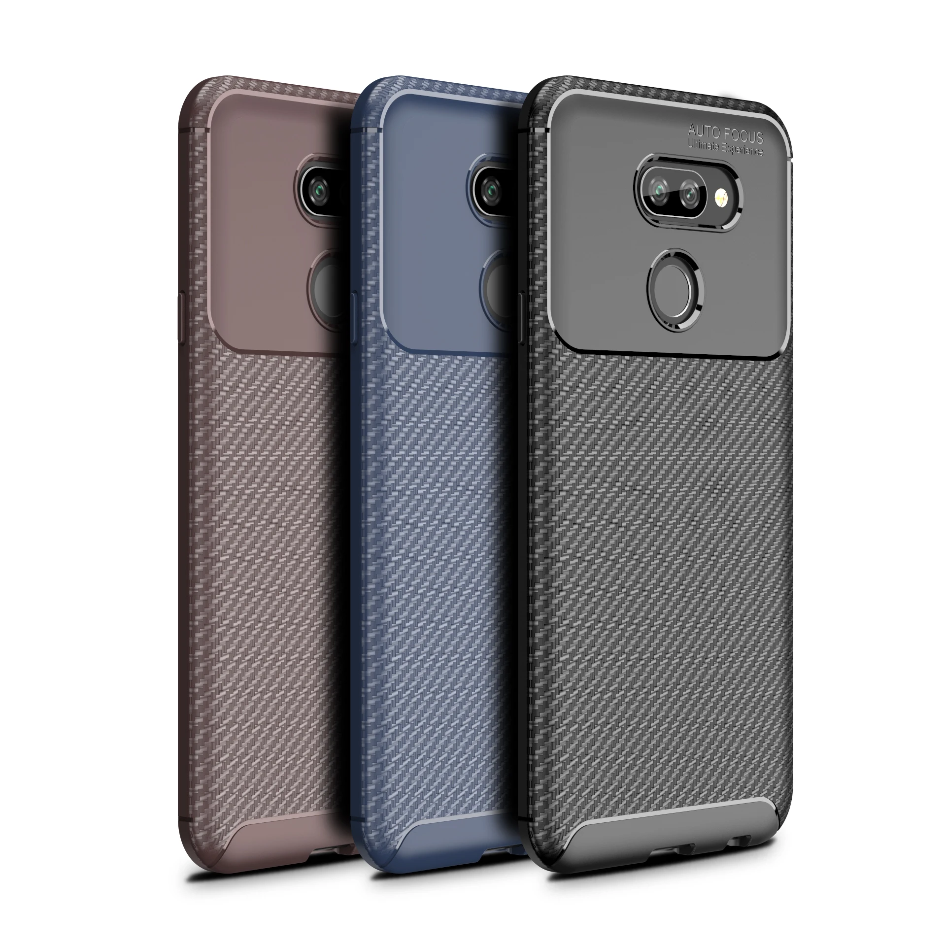 

Anti-scratch Carbon Fiber Texture TPU Silicone Soft Silicone Phone Case For LG Q70, Black,blue,brown