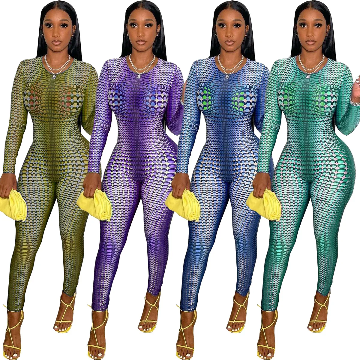 

Ladies long sleeve o neck zipper fall jumpsuits printed pattern bodycon one piece women jumpsuit 2021
