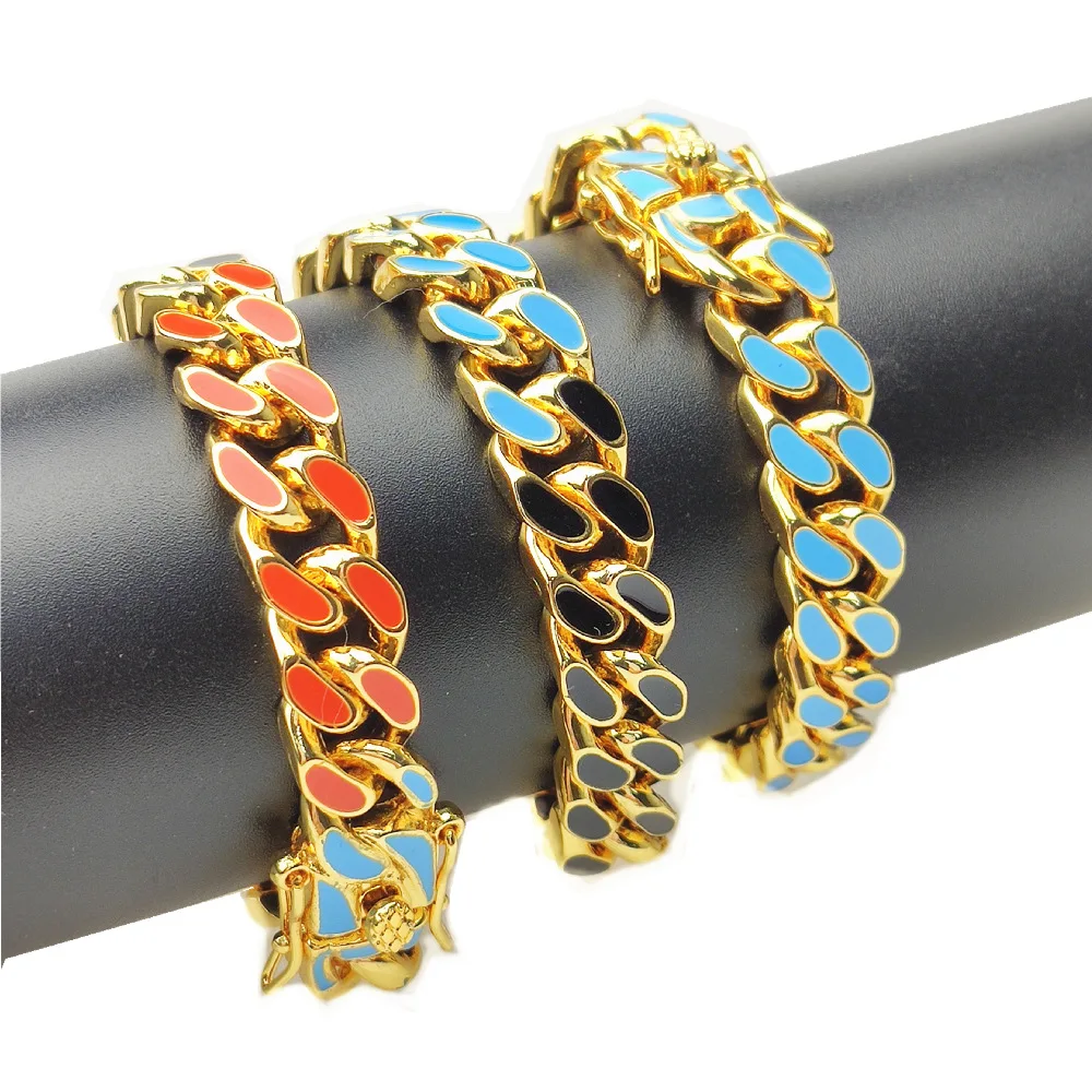 

High Quality Copper 12Mm Accessories Men'S Bracelet Rainbow Mixed Colour Oil Dripped Woven Cuban Chain Link Jewelry Bracelets, Gold sliver