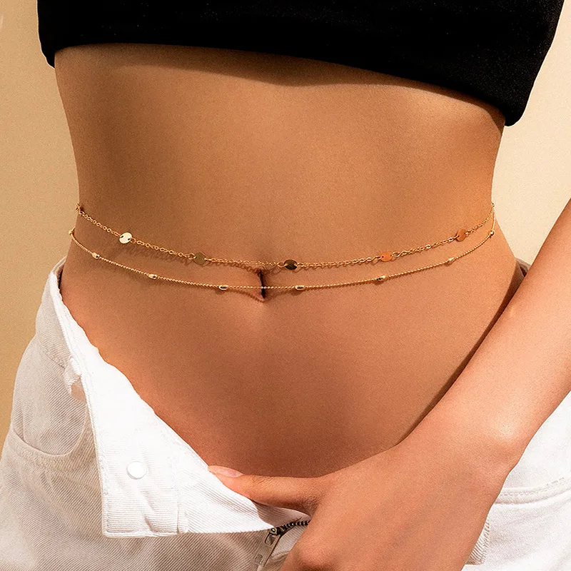 

Retro Sexy Double Layer Geometric Circle Disc Metal Belly Chain Waist Chain Women Fashion Bead Body Chain, Picture shows