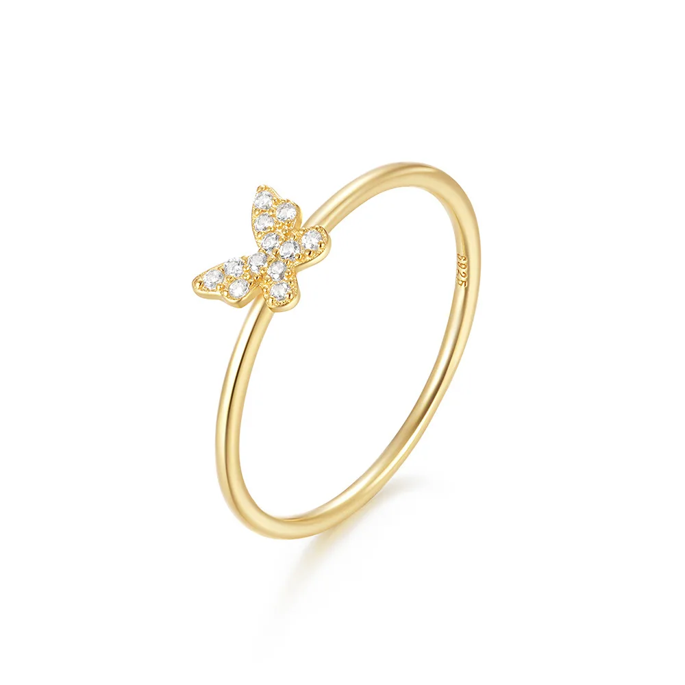 High End 18K Gold Plated Dainty Zirconia Butterfly 925 Sterling Silver Rings for Women Silver Jewelry