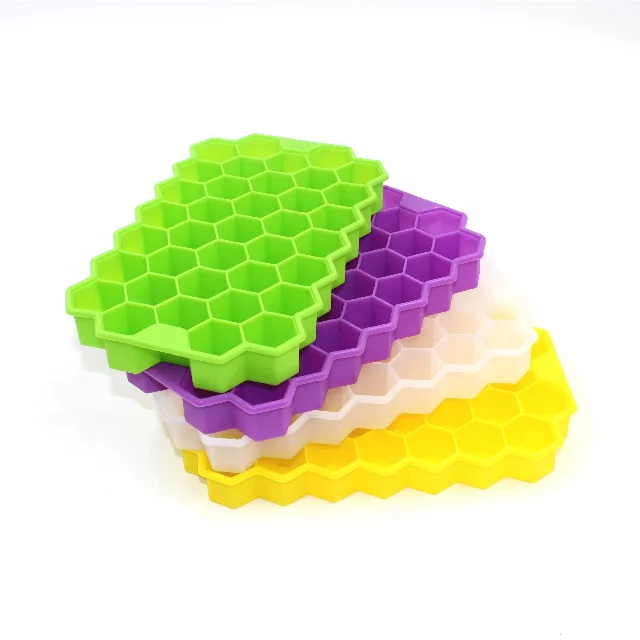 

Hot selling Food Grade Eco-friendly 37 Holes Honeycomb Shaped Silicone Ice Cube Tray Mold With Lids, Customized color