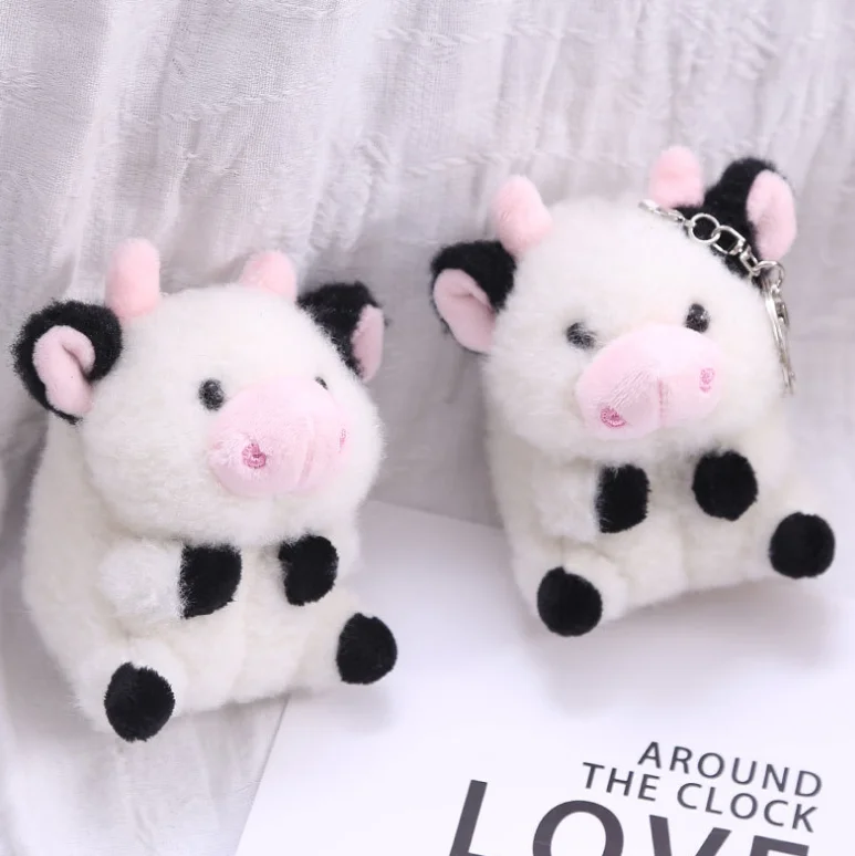 

10CM Stuffed Cow Animal Keychain Soft Plush Pink Cow Toy For Bag Pendant