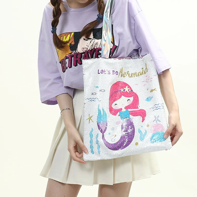 

Cartoon Holographic Strap Reversible Sequin Unicorn Mermaid Print Handbag Tote for Girls, 4 choices