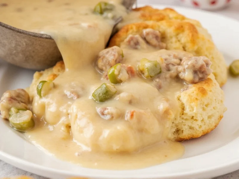 Creamy sausage gravy being poured over homemade biscuits