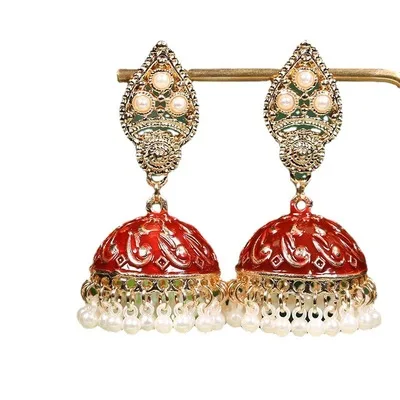 

Hot sell Vintage Indian Handmade Painted Jhumka Earrings Indian Traditional bell pear earring Jewelry For Women