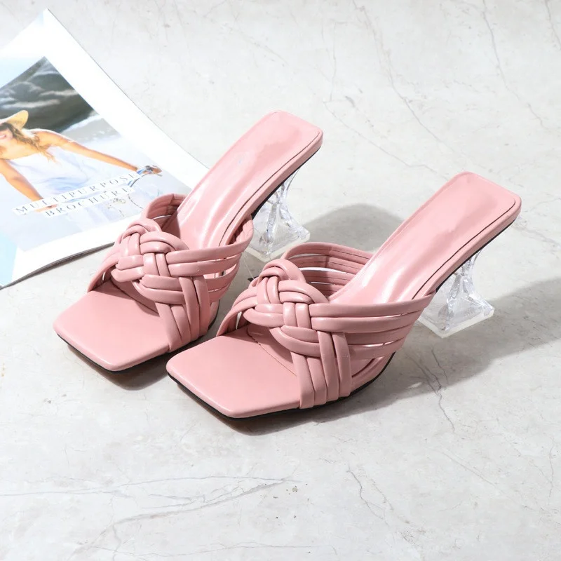 

2021 New Summer Fashion Design Weave Women Sandals Transparent Strange High heels Ladies Sandals Open Toe Shoes, Pink,black