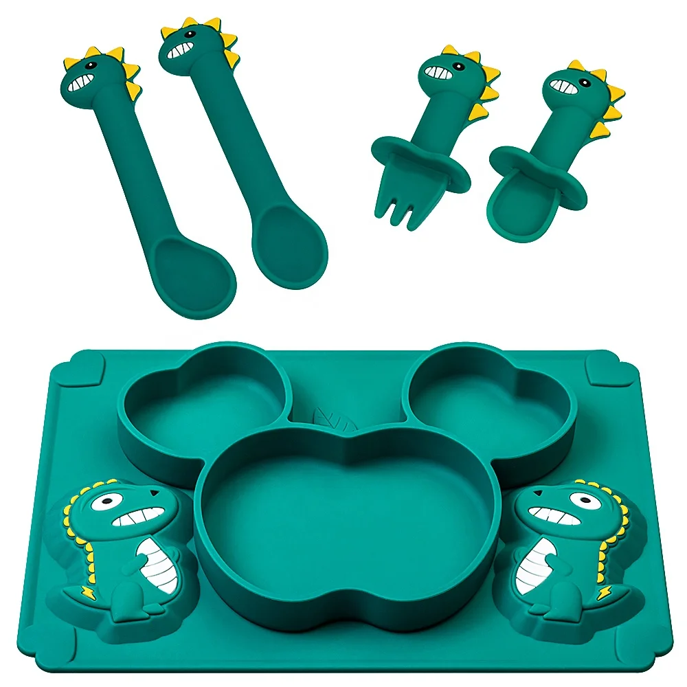 

Food Grade Non Slip Suction BPA Free Feeding Divided Silicone Food Plate Silicone Plate Baby With Spoon, Green,pink
