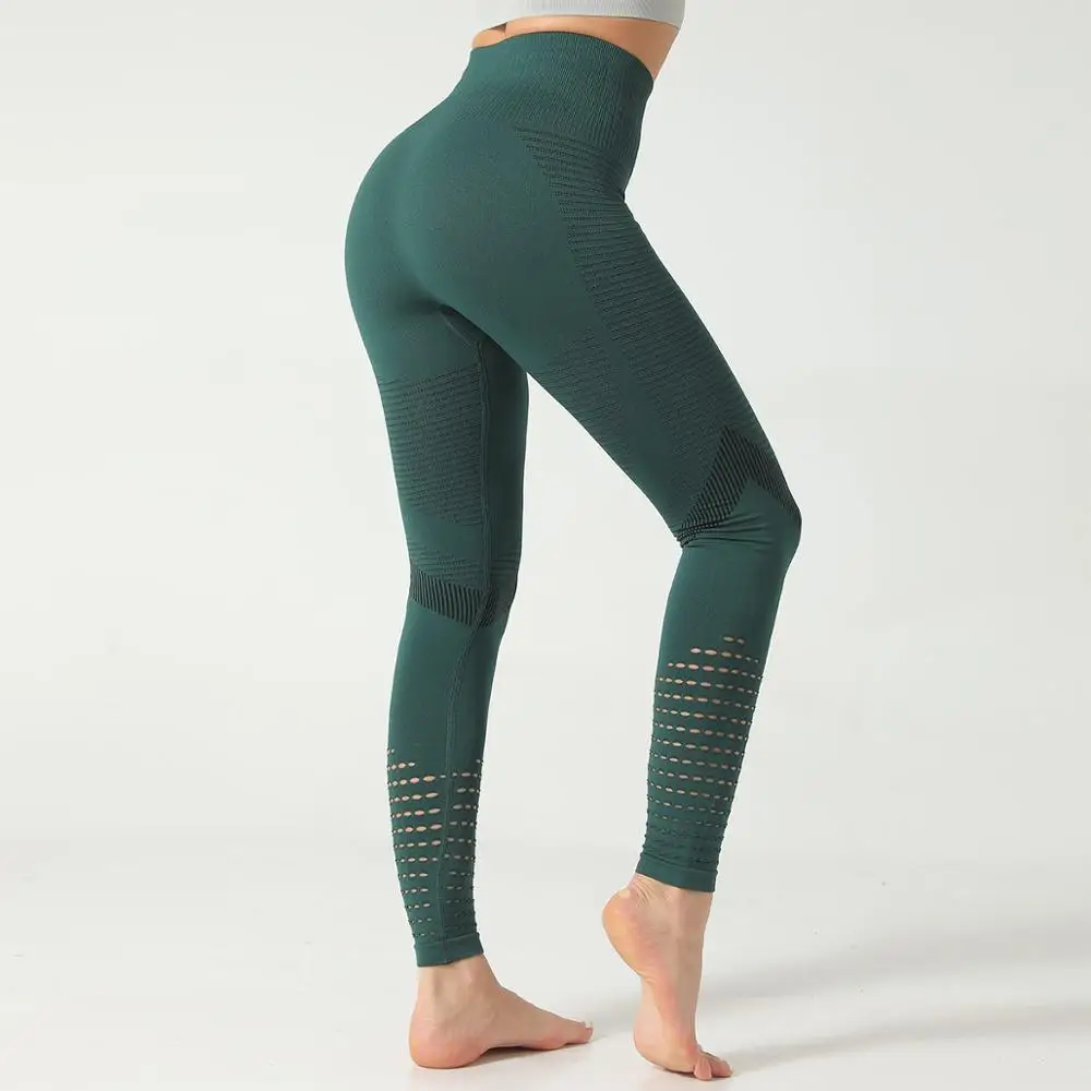 

Wholesale Pierced Seamless Knitting Trousers High Waisted Leggings Women Breathable Fitness Yoga Pants, Pictures shows