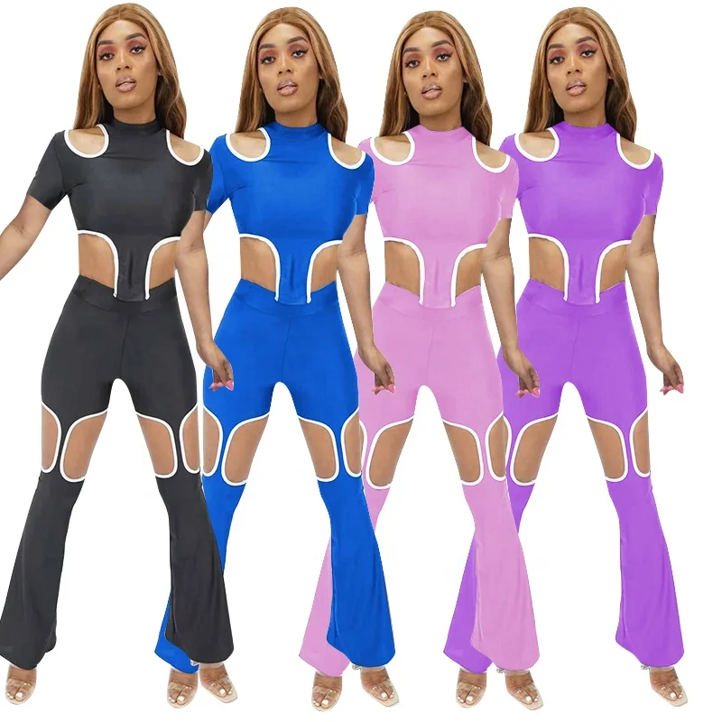 

Hollow Out Sexy Pants Set Woman Bodycon Clothing Female Two Piece Outfits, Purple,black,blue,pink