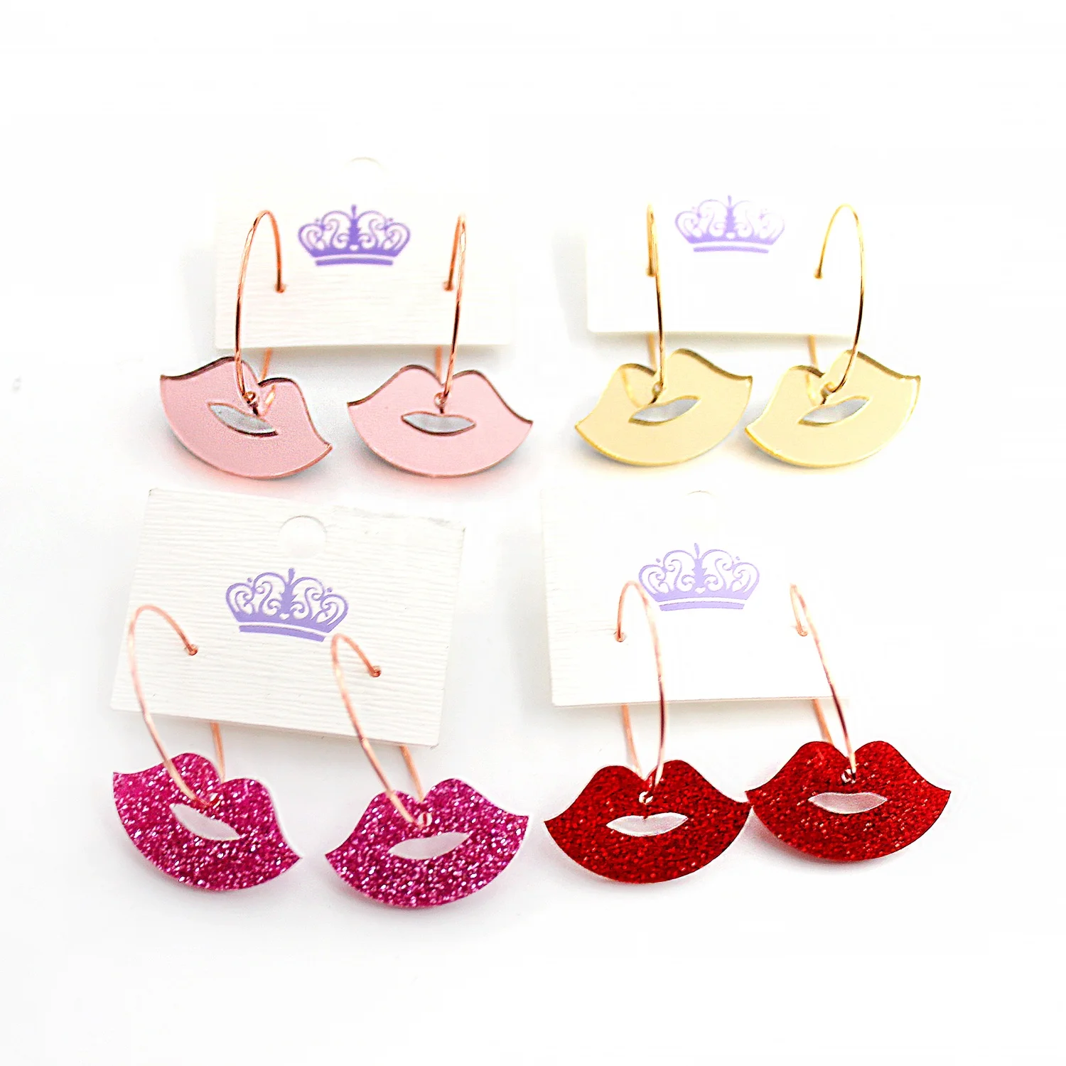 

HP090 Lips Dangle Earrings Cute Glitter mirror Earrings Acrylic Earrings, Red/hot pink glitter/rose gold mirror/gold mirror