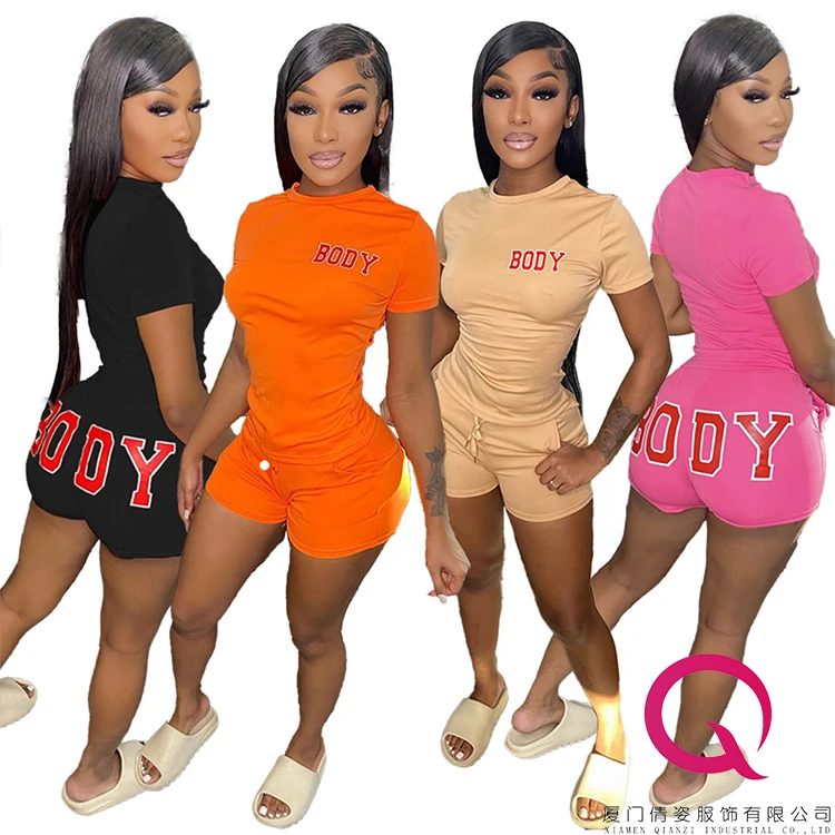 

2022 Women Short Sets Printed Body Casual Summer Two Piece Outfits Short Sleeve T Shirt Biker Shorts Sets Summer Outfits Women, 4 color
