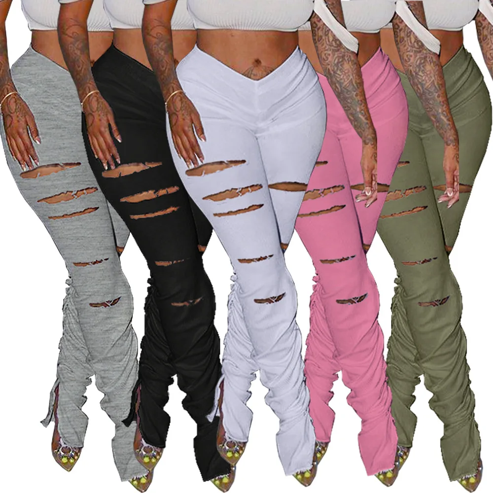 

Sinosun New Style Women's trousers&Pants Hollow Out Cut Off Solid Color Sport Stacked Pants, As pictures or customized