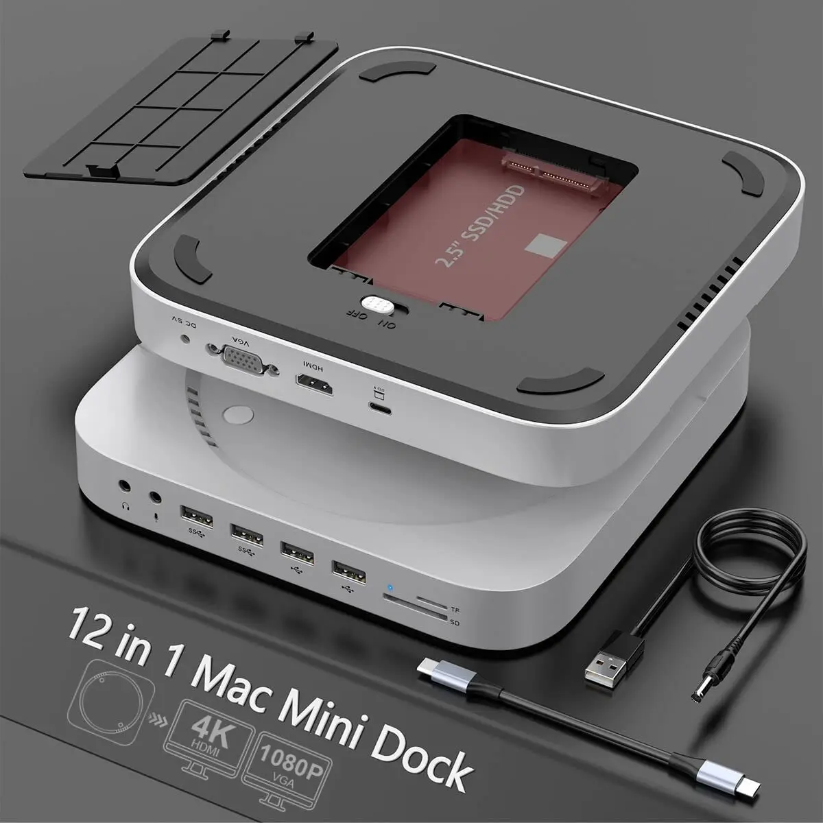 

12 in 1 HDMI VGA Mini Dock Hard Drive Enclosure Type-C Hub for Mac Mini M1