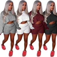 

2 Piece Set Women Winter Clothing Outfits Long Sleeve Knit Sweater Batwing Tops + Bodycon Shorts Suit Sexy Matching Sets