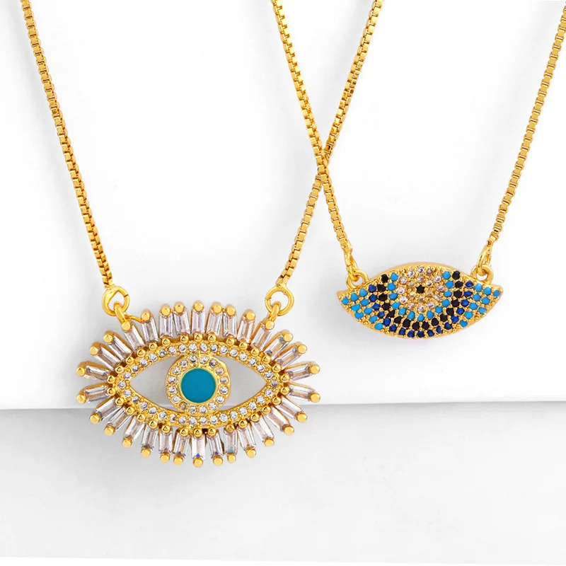 

Hamsa Gold Plating Colored Zirconia Turkey Blue Evil Eyes Brass pendant Chain Necklace Women jewelry, Gold,silver