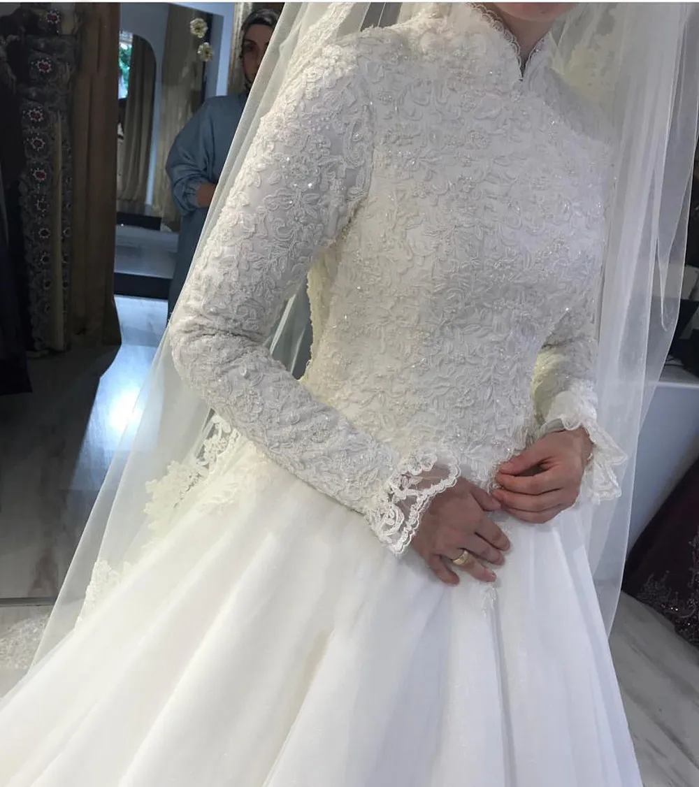 

women Luxury Islamic Muslim Long Sleeve Lace Wedding Dresses White Evening Party Gown