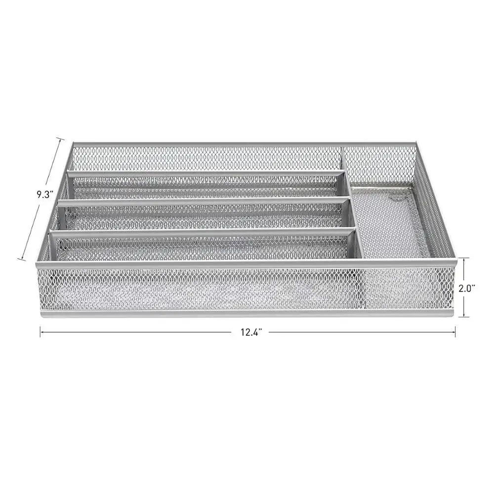 

5 Compartment Stainless Steel Wire Mesh Cutlery Tray Drawer Organizer with Foam Feet Silverware Tray Storage Flatware Tray