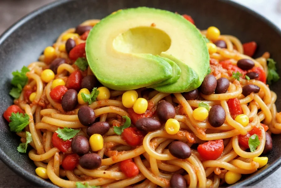 Colorful bowl of vegetarian chili spaghetti with black beans, corn, and avocado slices