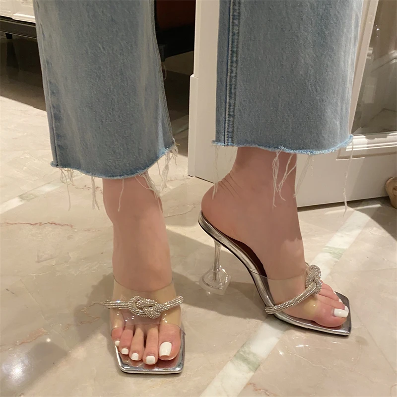 

Brand shoes lady sliver slides sculptured heeled square peep toe women clear slippers sandals twisted detail female mules