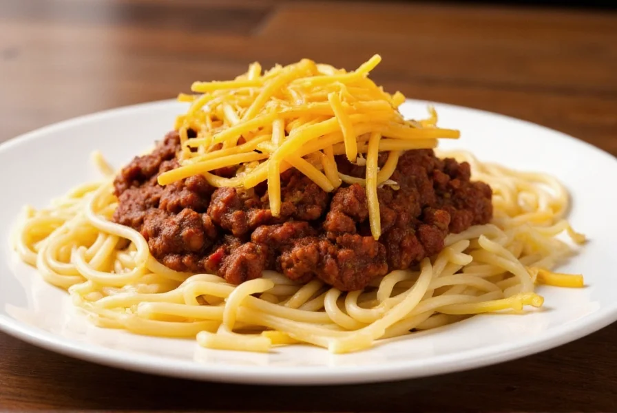Traditional Cincinnati chili served over spaghetti with shredded cheddar