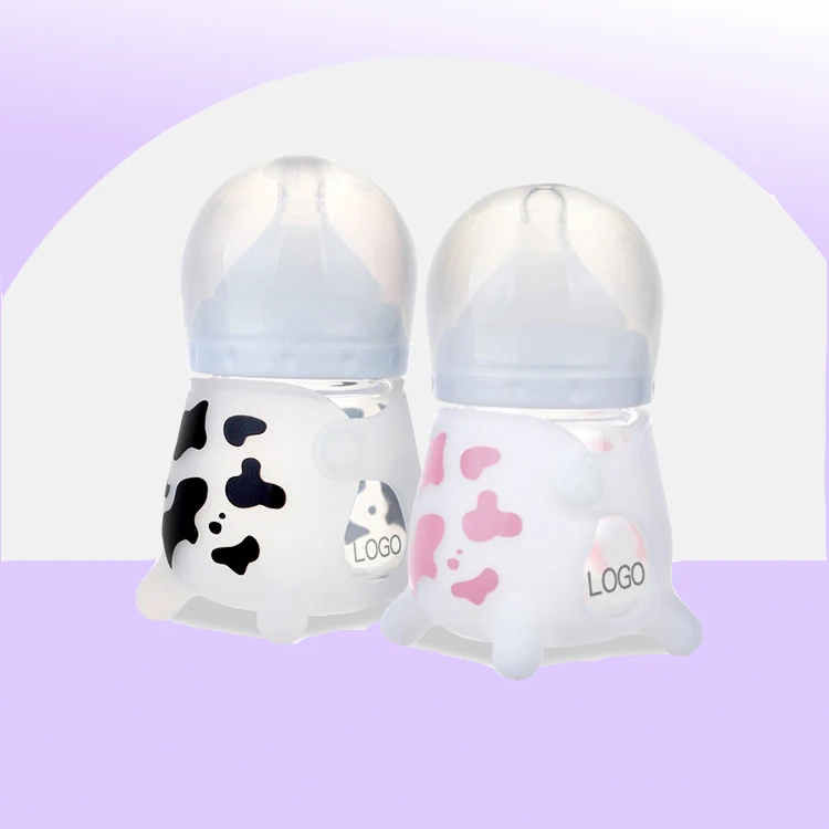 

New design glass baby bottle cow borosilicate baby bottle glass wide neck glass feeding bottle for newborn, Pink/black