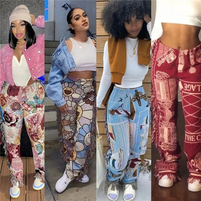 

GE9055-Hot Saling Product 2021 Colorful Printed Straight Tassel Leg Pants High Waist Jogging Casual Pants