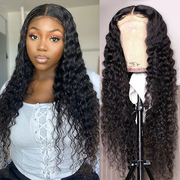 

Virgin Remy Brazilian Human Hair Wig 30 Inch Deep Wave Wig Affordable Pre Plucked Long Lace Front Wigs, Natural color