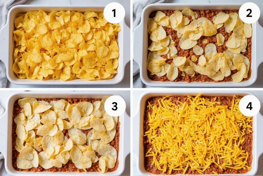 Step-by-step frito chili pie assembly showing layers of chips, chili, and cheese in baking dish