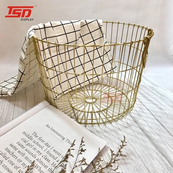 

factory supply Large Round gold metal wire iron mesh storage bin laundry basket with handle