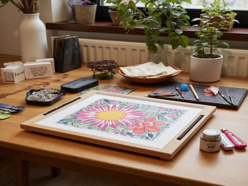 DIY silk screen printing setup using household items on wooden table