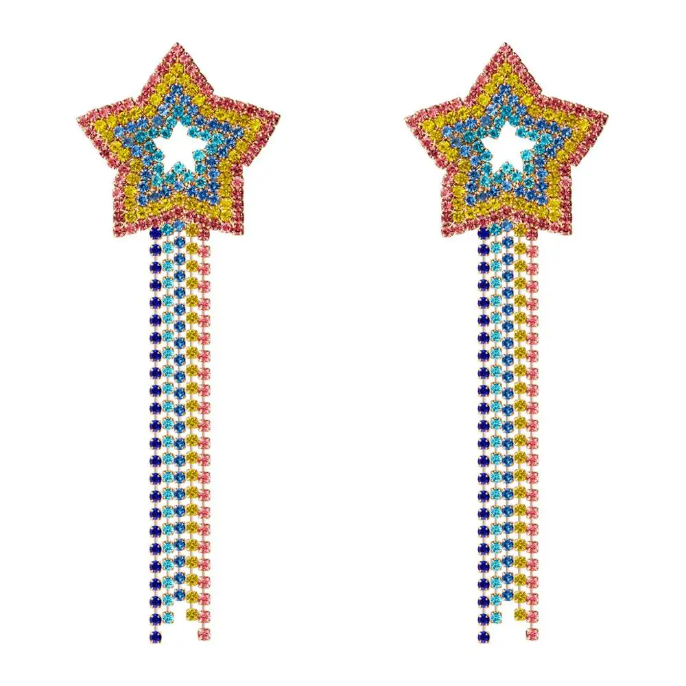 

Latest Stage Show Jewelry Bling Rainbow Crystal CZ Star Earrings Colorful Crystal Rhinestone Fringe Tassel Dangle Earrings