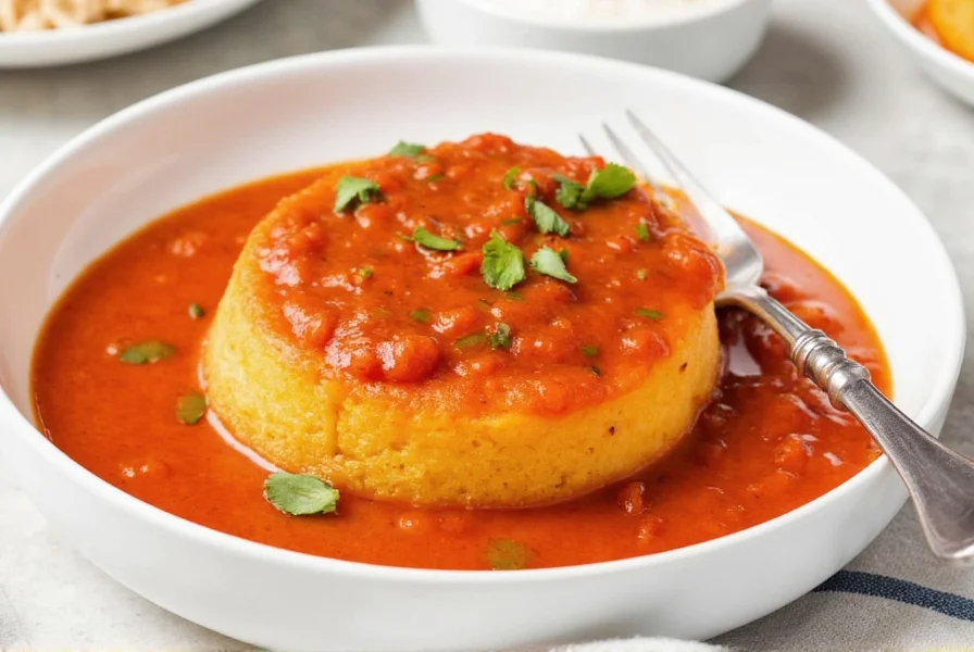 Bowl of creamy polenta topped with rich red sauce