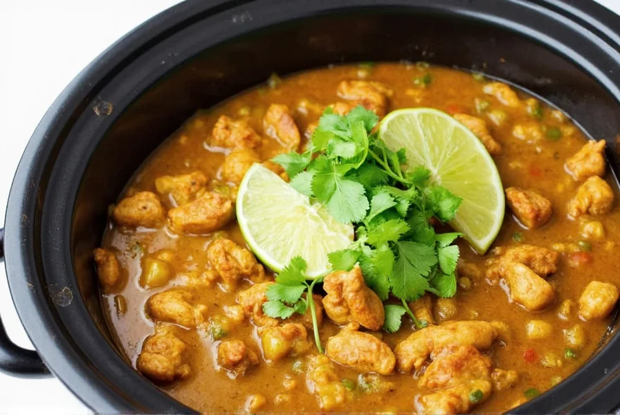 Crock pot filled with golden chicken green chili topped with fresh cilantro and lime wedges