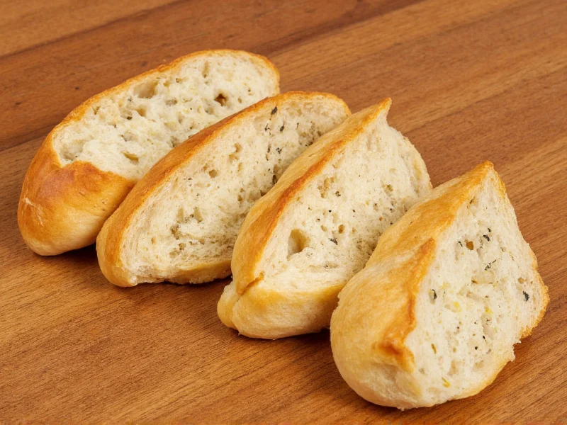 Variety of garlic bread variations on wooden table